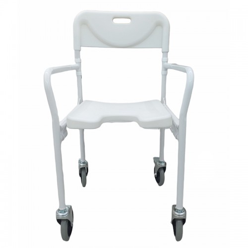 Silla para baño con ruedas y función plegable, ideal para uso en espacios pequeños.