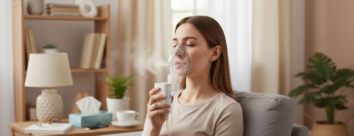 2.	Persona usando nebulizador con mascarilla para aliviar síntomas de alergia respiratoria